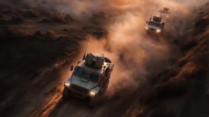Military convoy maneuvering through dusty terrain desert environment aerial view action photography
