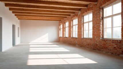 Spacious interior of a renovated industrial loft with wooden beams and large windows