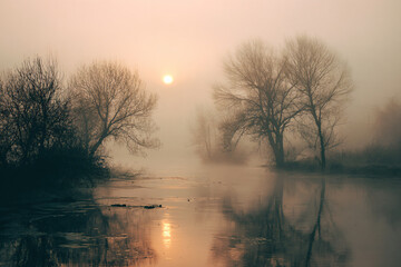 a river with trees and fog in the background