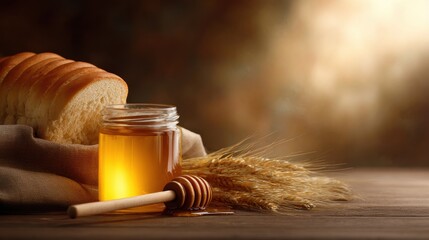 Freshly baked bread beside a jar of honey and wheat ears on a rustic wooden table