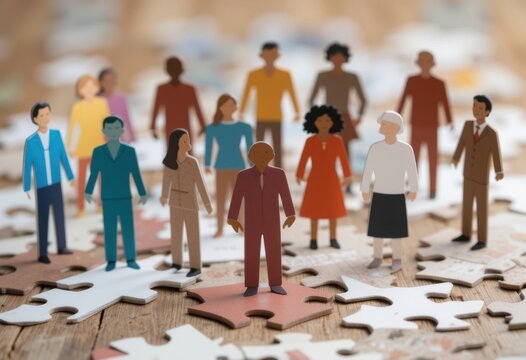 Grupo de diversas personas recortadas en papel paradas sobre piezas de rompecabezas interconectadas, simbolizando la inclusi&oacute;n y el trabajo en equipo
