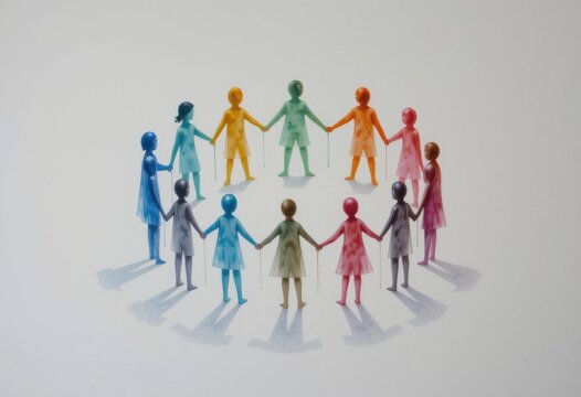 Figuras abstractas de acuarela de personas tomadas de la mano en un c&iacute;rculo, pinceladas ligeras sobre un lienzo blanco liso