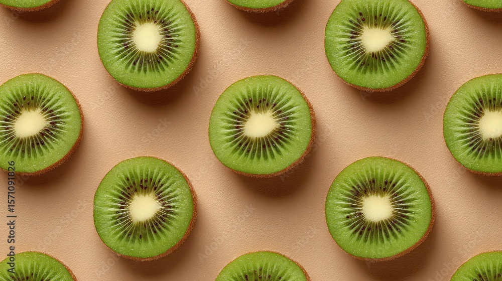 Poster Group of kiwi slices scattered randomly on a paper background, top view with open side for copy
