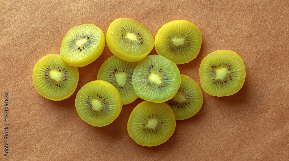Poster Group of kiwi slices scattered randomly on a paper background, top view with open side for copy