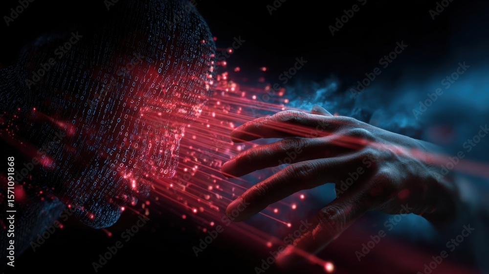 Poster futuristic technology interaction digital realm visual art dark environment close-up human-hardware 