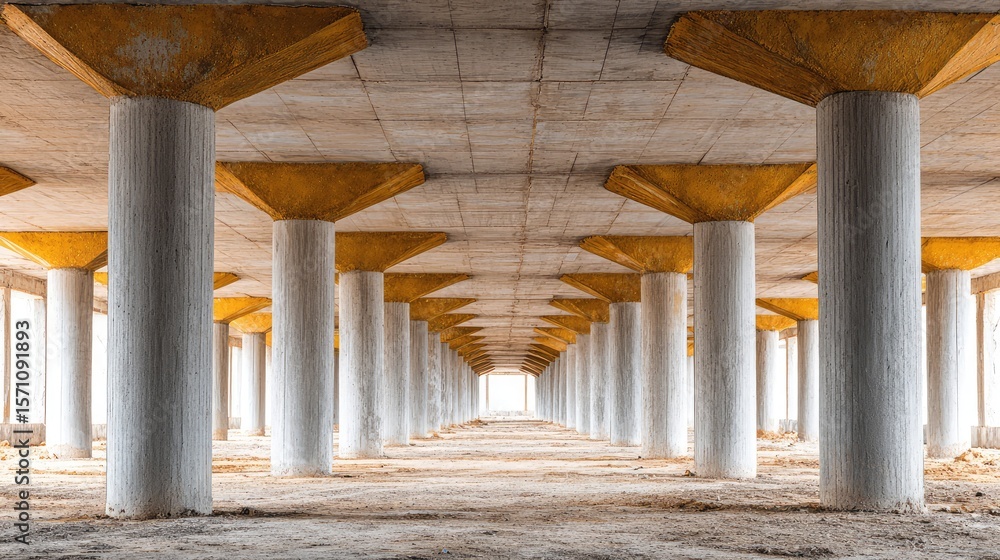 Poster industrial building site with reinforced concrete columns and beams, copy space left around frame
