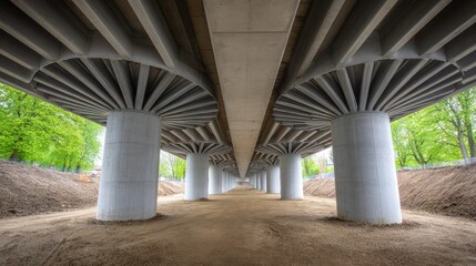 Infrastructure construction scene with bridge supports and dirt paths, with wide space in background