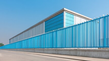 Fototapeta premium Large commercial site with temporary fencing, steel frames, and clear blue background