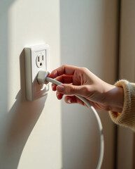 Naklejka premium Young woman unplugging electronic devices at home to save energy — close-up of hands pulling plug, focus on daily eco-conscious habits