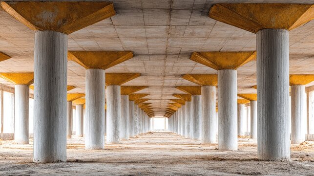 Industrial building site with reinforced concrete columns and beams, copy space left around frame