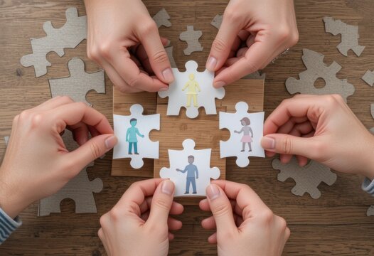 Manos ensamblando piezas de rompecabezas con personas recortadas de papel, ilustrando el trabajo en equipo y la resolución colectiva de problemas