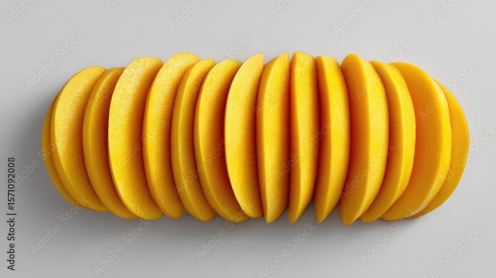 Poster mango fruit sliced and arranged in rows on a clean background, viewed from directly above