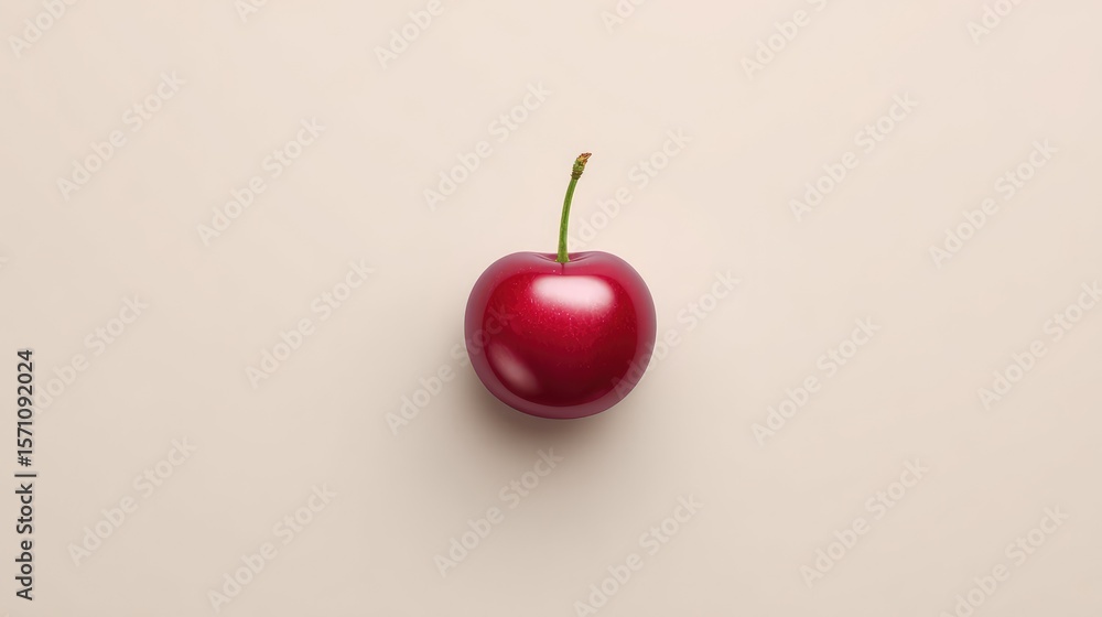 Poster minimalist flat lay of a single cherry centered on a soft neutral background with plenty of open spa