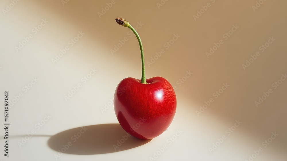 Poster minimalist flat lay of a single cherry centered on a soft neutral background with plenty of open spa