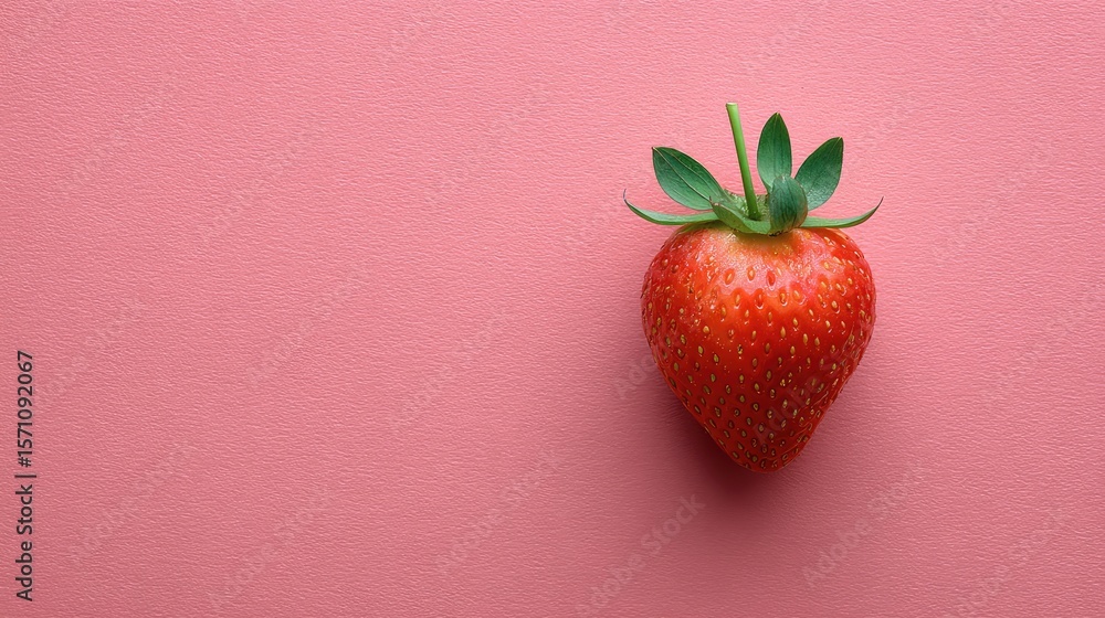 Poster minimalist overhead shot of single strawberry on pastel background with ample empty space