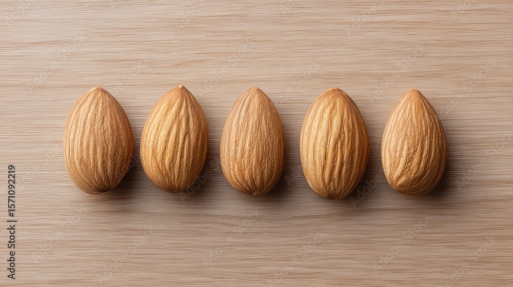 Aufkleber minimal flat lay of almonds aligned in rows on a natural wood surface with negative space