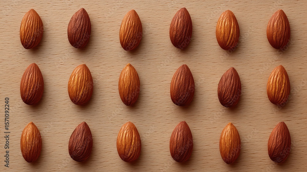 Aufkleber minimal flat lay of almonds aligned in rows on a natural wood surface with negative space