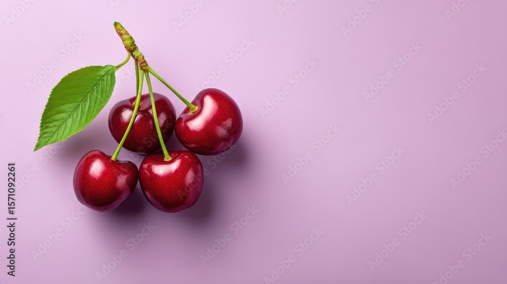 Poster minimal flat lay of a single cluster of cherries on pastel surface with ample copy space