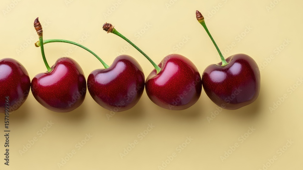 Aufkleber minimal flat lay of cherries placed evenly on a pale yellow background with space for text