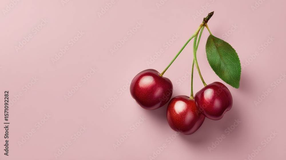 Poster minimal flat lay of a single cluster of cherries on pastel surface with ample copy space