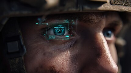 Military action soldier's eye digital interface battlefield close-up advanced technology insights