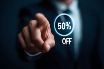 Corporate Hand Pointing at Floating Discount Badge, Digital Promotion and E-Commerce Strategy