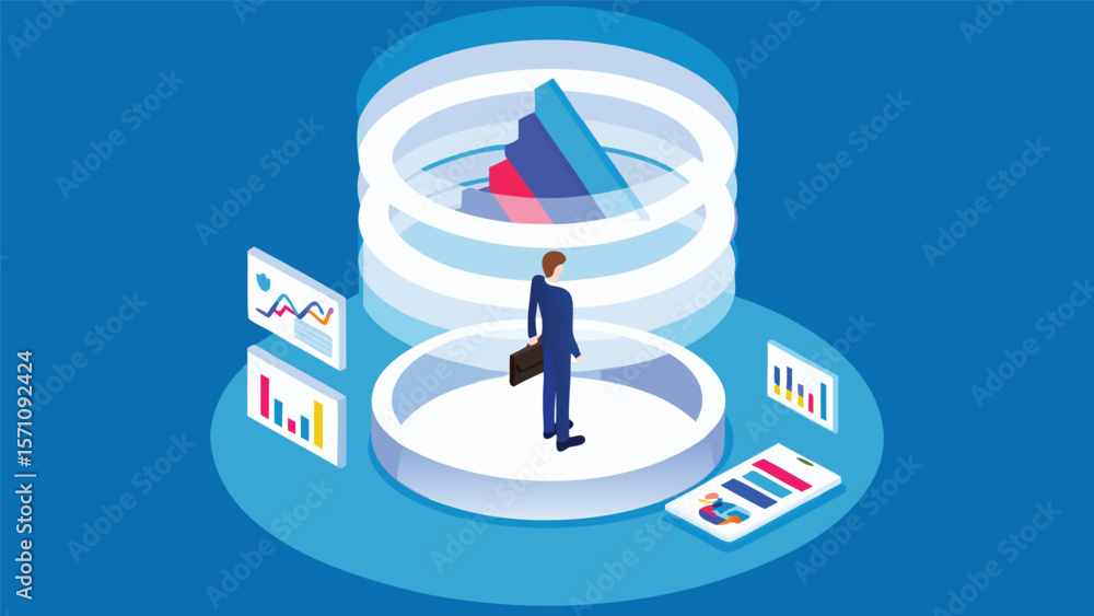 Poster isometric illustration of a businessman standing in a data analysis platform with charts around him