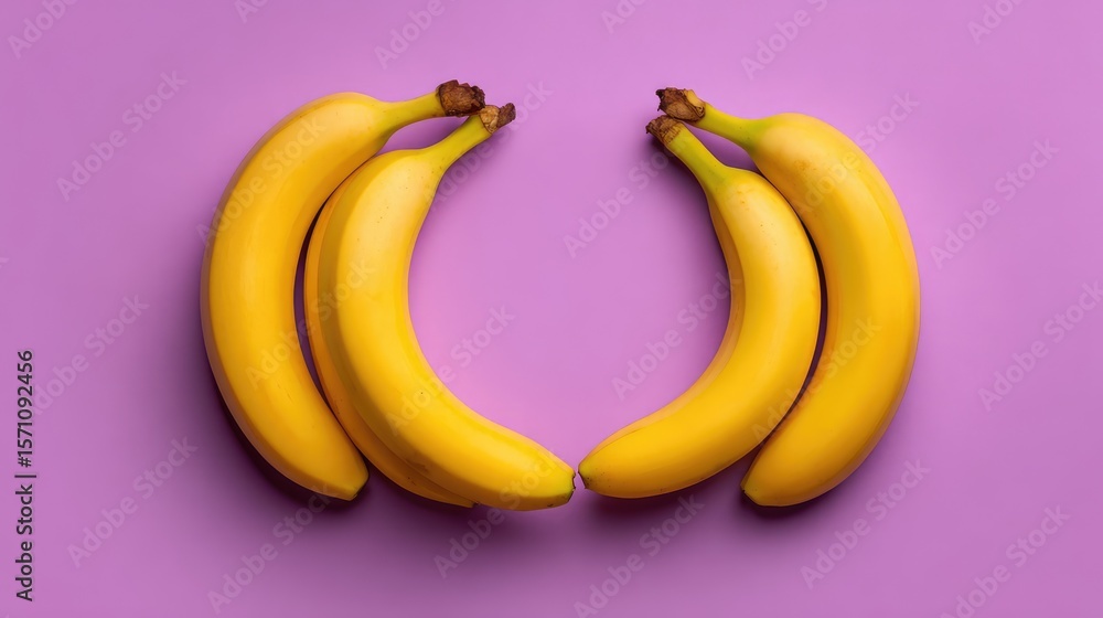 Poster overhead image of bananas forming half-circle pattern on solid background with space