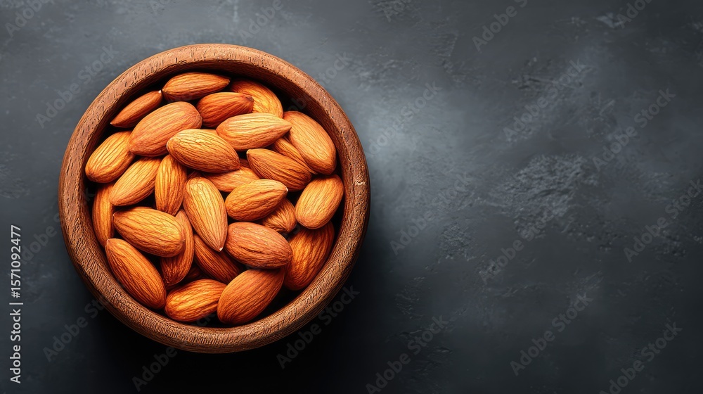 Aufkleber overhead photo of almonds in a rustic wooden bowl surrounded by empty space for layout design
