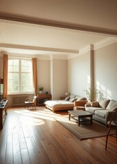 Fototapeta premium Vintage studio apartment interior in light colors in old style huge room with large windows with a living room area and a bedroom area direct sunlight inside Empty room interior design Ultra reali