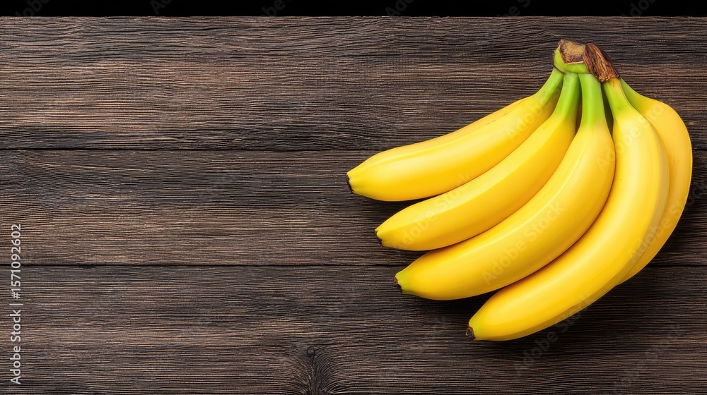 Poster overhead view of a bunch of bananas on a wooden table with negative space for overlay or branding