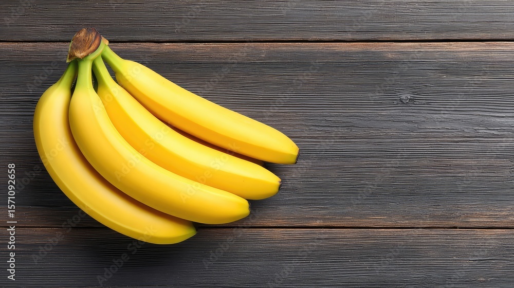 Poster overhead view of a bunch of bananas on a wooden table with negative space for overlay or branding