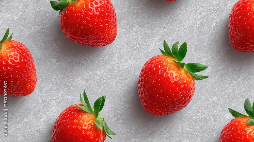 Poster overhead view of whole and halved strawberries spread randomly on parchment paper with blank backgro