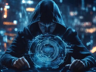 Cybersecurity hacker in futuristic cityscape digital interface nighttime urban environment high-tech concept