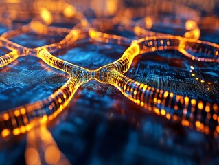 Futuristic blockchain city glowing with data digital landscape technology environment aerial viewpoint