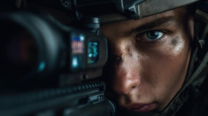 Military action soldier combat zone portrait intense environment close-up focused determination