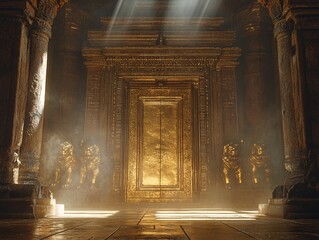 Grand golden door in ancient temple mystical scene interior historic environment dramatic viewpoint