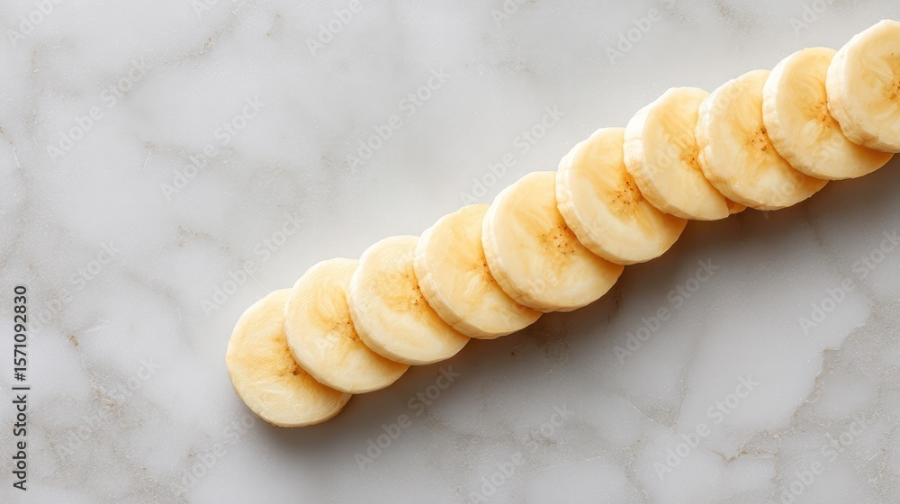 Poster round banana slices arranged in lines on marble surface, top view with space around for text