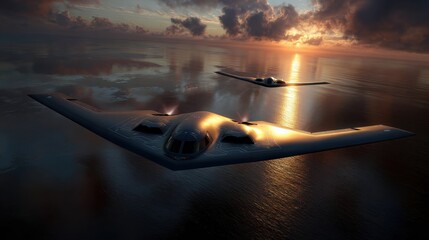 Stealth bomber flight at sunset over ocean aerial photography dramatic sky military aircraft concept