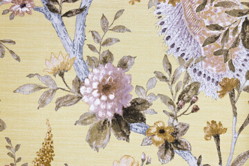 Vintage floral fabric with lace motif on yellow background, romantic botanical textile pattern