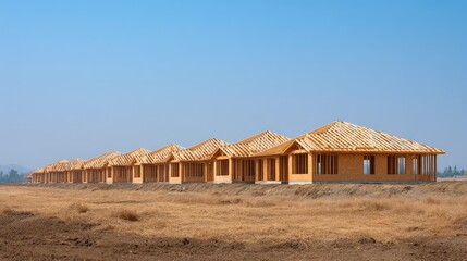 Row of homes in early build stage with roof trusses and open sky perfect for layout designs