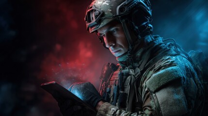 Military action soldier in combat gear digital warfare tactical environment intense focused viewpoint