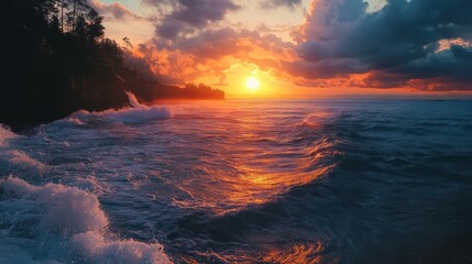 Dramatic ocean sunset with vibrant colors and crashing waves near coastline