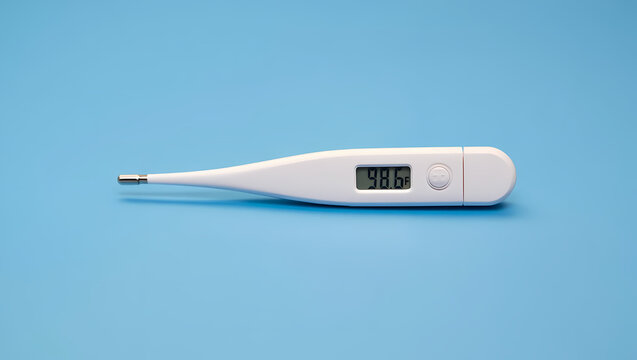 White Digital Medical Thermometer with Blank or Off Display Screen on a Clean Blue Background, Representing Health Monitoring, Diagnostic Tools, and General Wellness. - Powered by Adobe