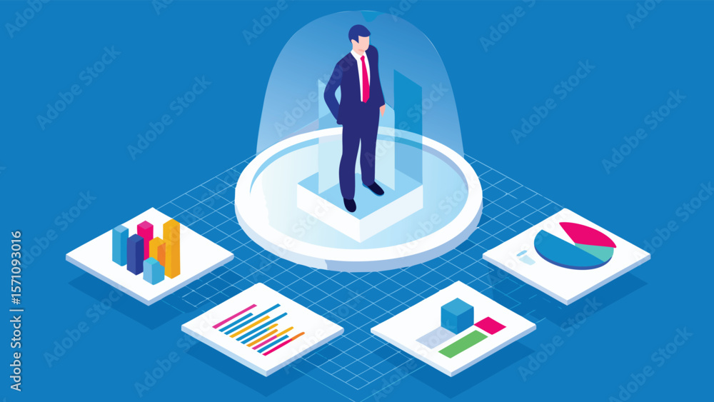 Poster isometric illustration of a businessman standing on a platform surrounded by data charts and graphs