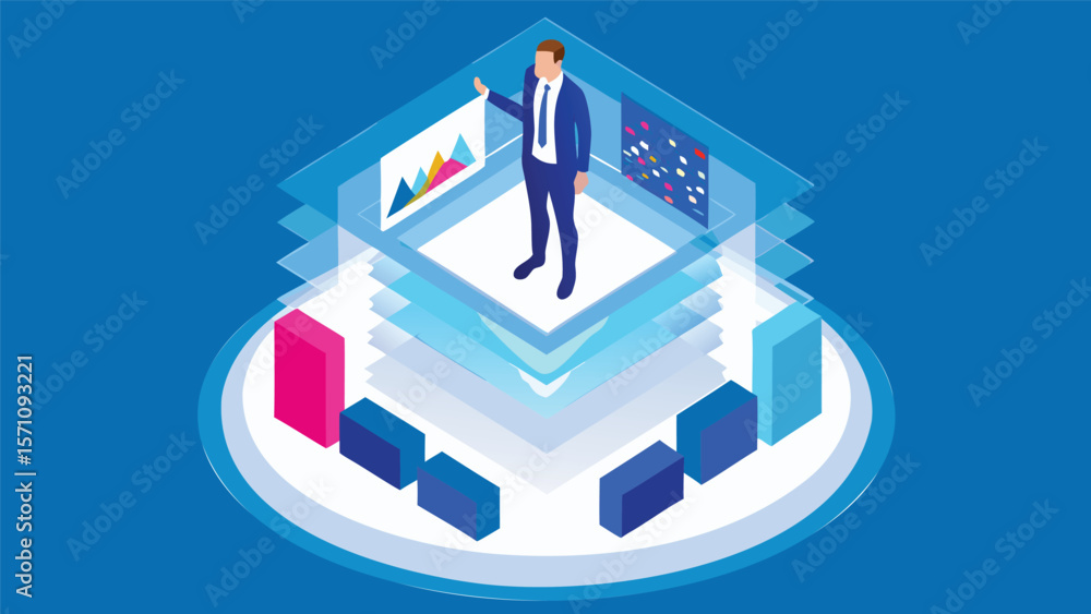 Aufkleber isometric illustration of a man presenting data on floating screens with bar graphs around