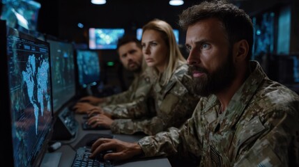 Fototapeta premium Military personnel engaging in strategic operations command center digital warfare high-tech environment close-up viewpoint