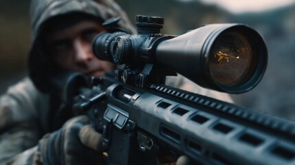 Sniper in action tactical shooting practice mountain range photography outdoor close-up precision skills