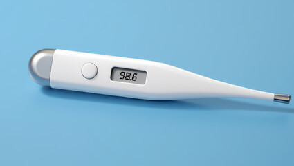 White Digital Medical Thermometer with Blank or Off Display Screen on a Clean Blue Background, Representing Health Monitoring, Diagnostic Tools, and General Wellness.