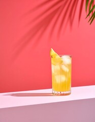 Tall citrus cocktail with ice and a lemon twist stands against a bold red and pink background, radiating vibrant, modern summer energy and freshness.